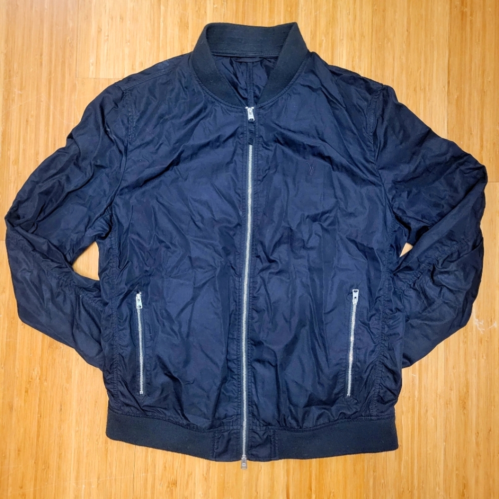 AllSaints Men’s Black Bomber Jacket Streetwear Zip-Up Lightweight Designer Coat